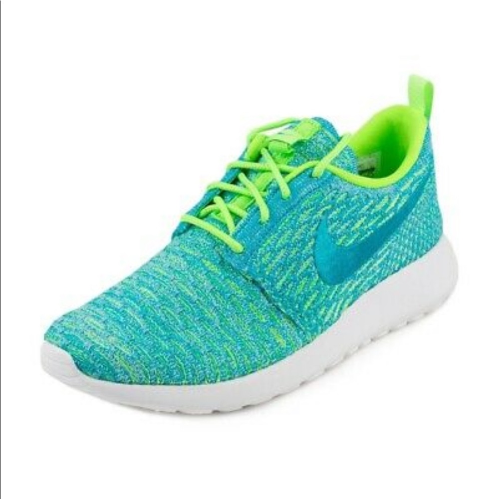 Nike Womens Roshe One Flyknit Athletic Shoes Sz 7.5 Blue Green Lace Up
